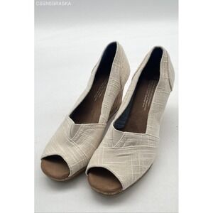 TOMS Beige Classic Wedge Natural Linen with Cork Open Toe Heels Women's - Size 7